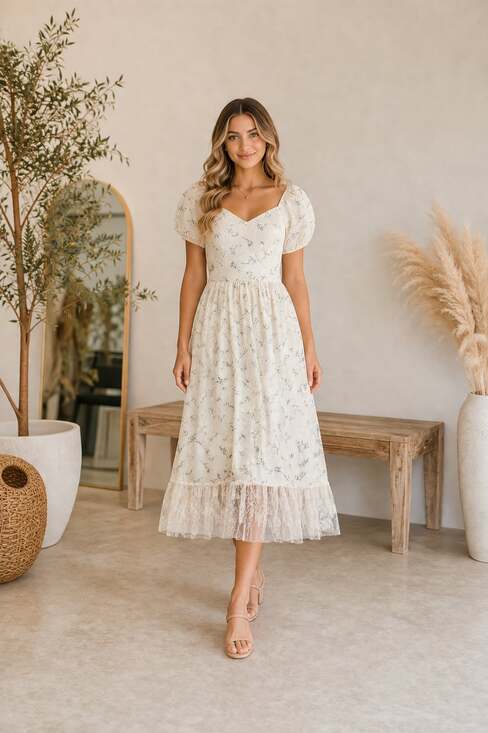 HELLO SS Dresses & Skirts - HELLO SS Floral Lace Overlay Puff Sleeve Midi Dress Size M Cottagecore